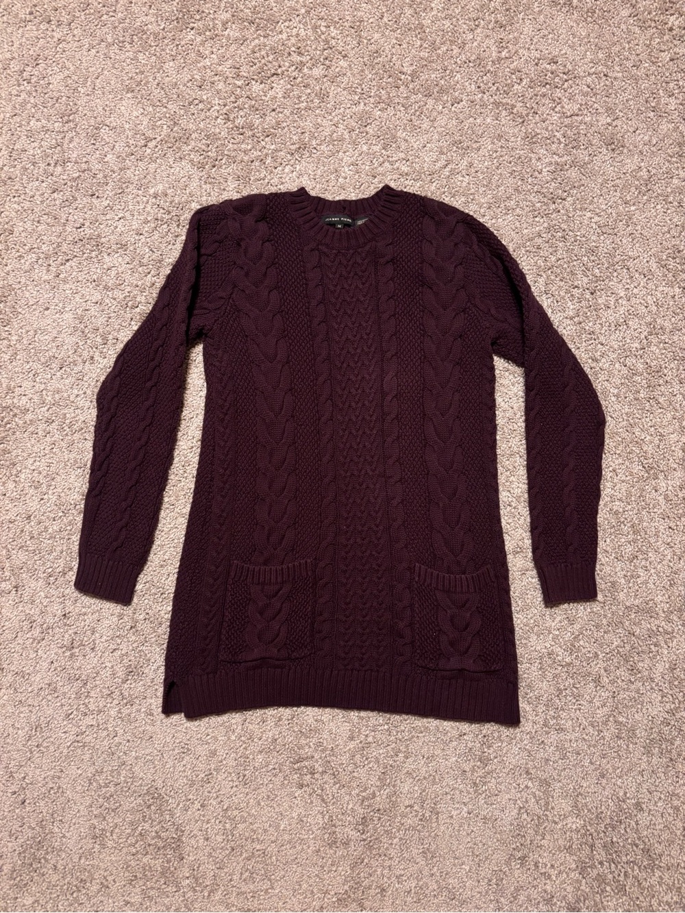 JEANNE PIERRE Cable Knit Crew Sweater Tunic in Plum